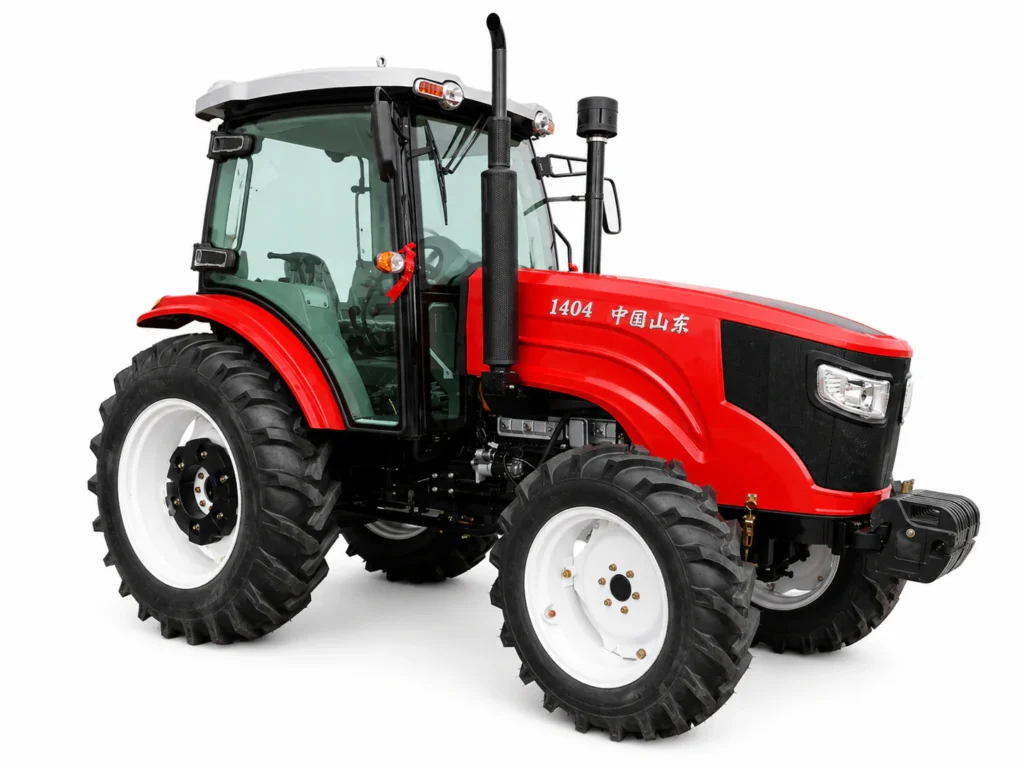 Red 140 HP 1404 4WD utility tractor with enclosed cab