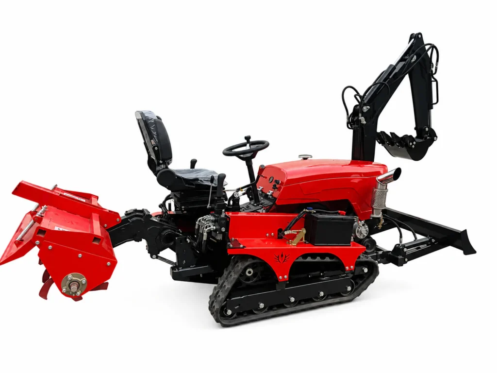 Red 35 HP heavy-duty crawler tractor with rotary tiller and backhoe attachment