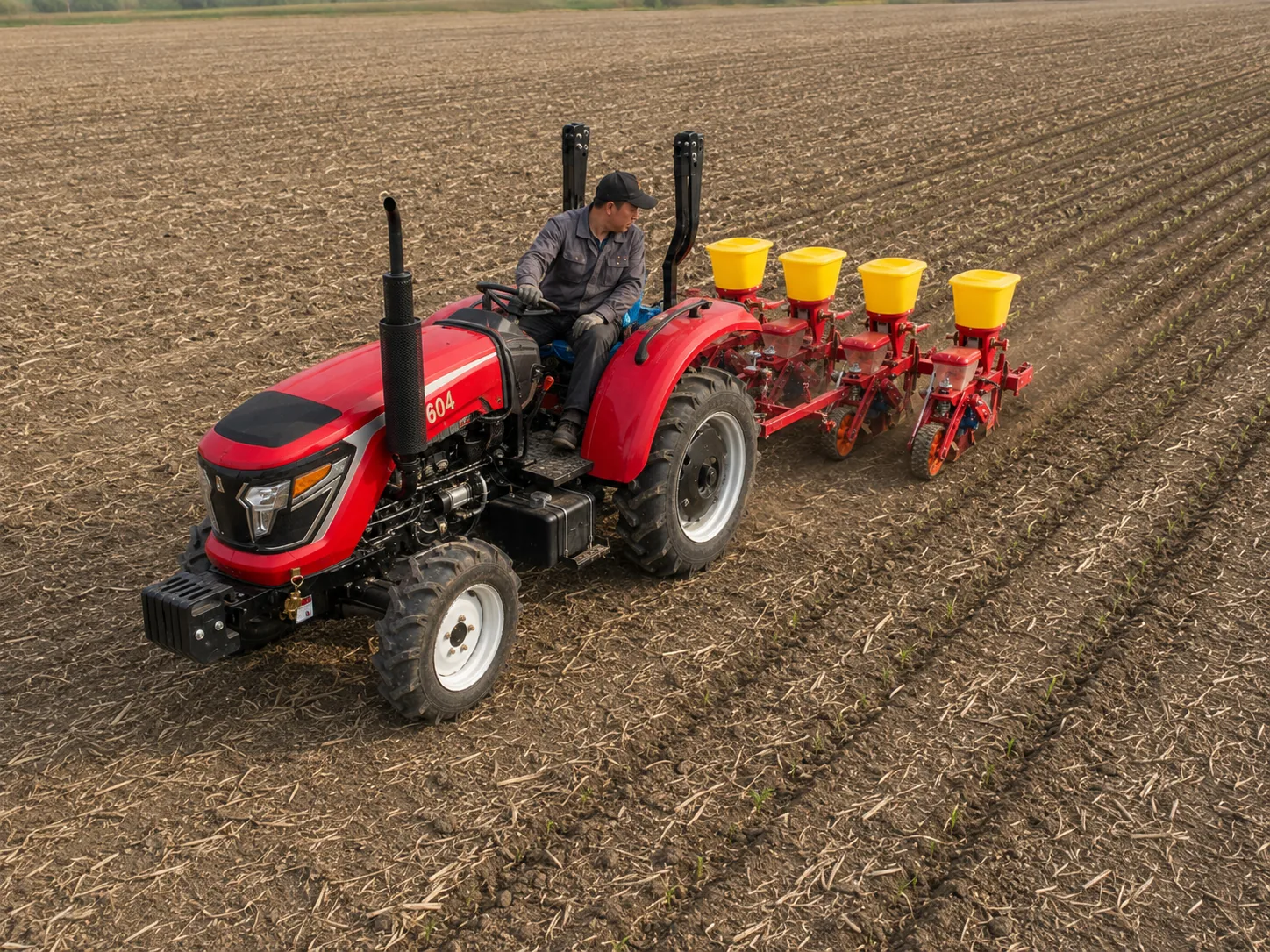 Sembradora de precisión de cuatro hileras montada en un tractor, sembrando cultivos en un campo labrado