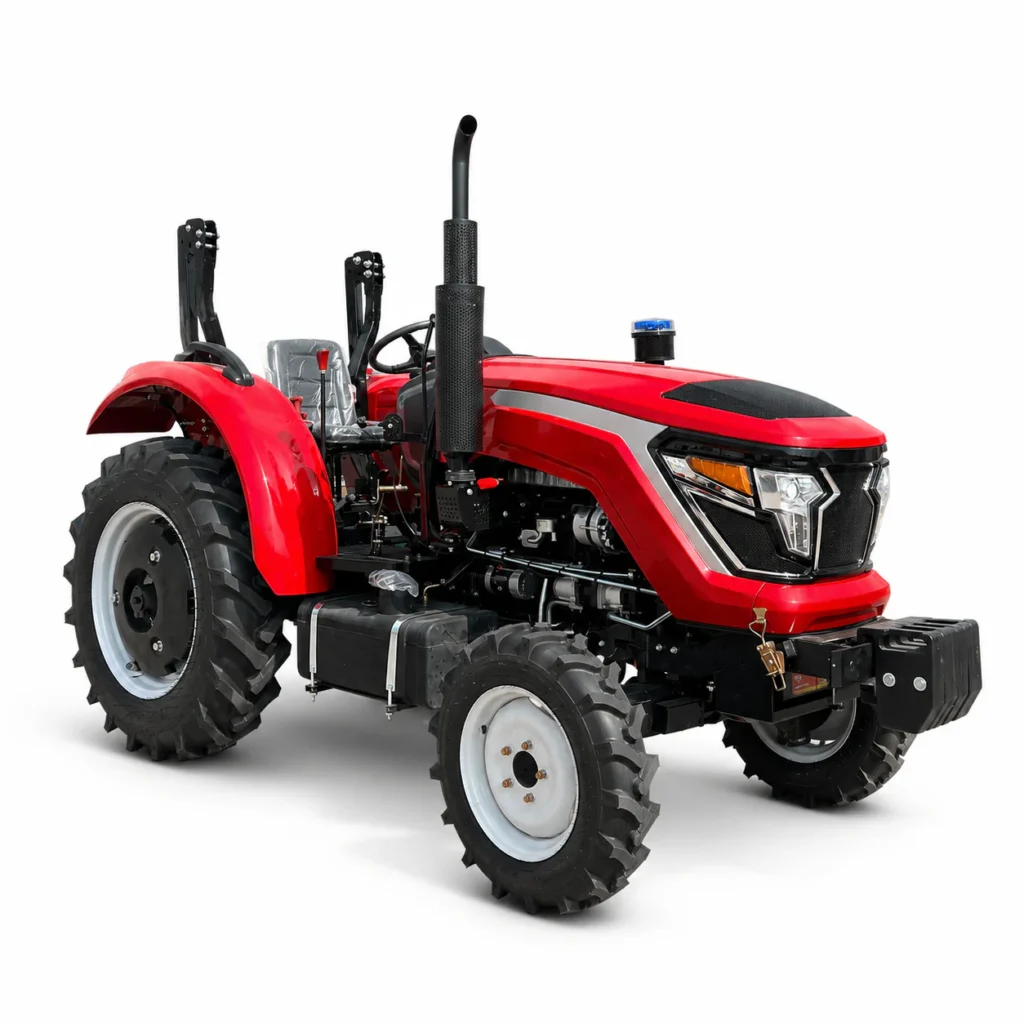 Red 50 HP 504 4WD compact tractor, front three-quarter view