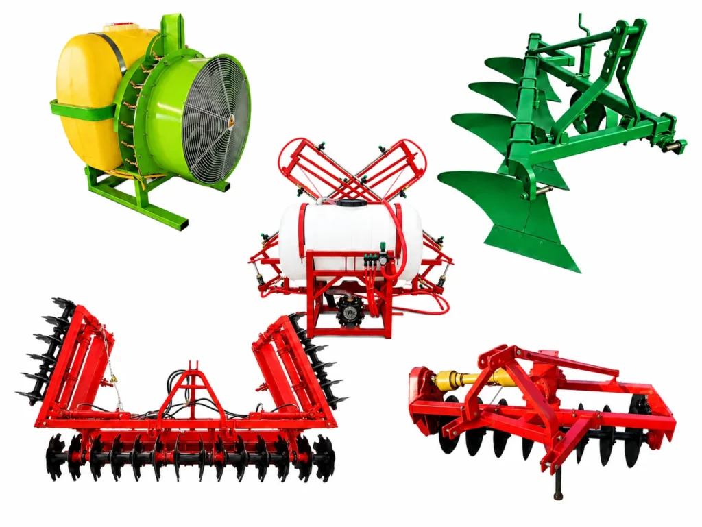 Tractor-mounted agricultural implements including sprayers, moldboard plow and disc harrows