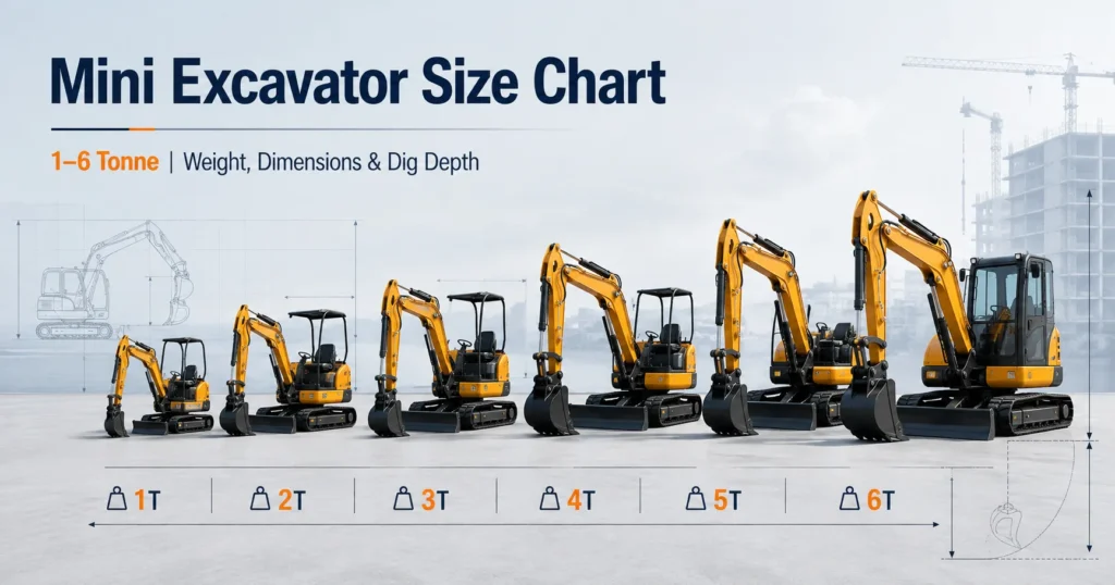 Tabla de medidas de miniexcavadoras: peso, dimensiones y profundidad de excavación (1-6 toneladas)
