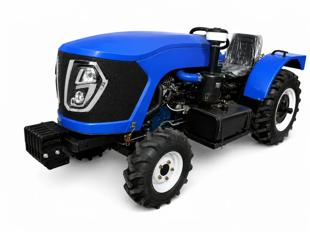 Blue 100 HP 4WD compact greenhouse tractor front three-quarter view