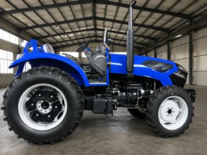 Vista lateral de un tractor agrícola con ruedas Blue de 140 HP, modelo 1404, con tracción a las cuatro ruedas