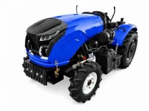 Vista frontal de tres cuartos del tractor compacto para invernaderos Blue de 50 HP, modelo 504, con tracción a las cuatro ruedas