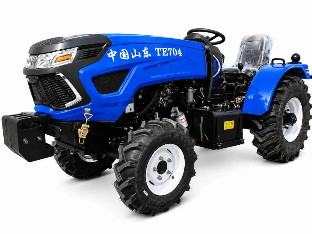 Blue 70 HP 704 4WD compact greenhouse tractor front three-quarter view