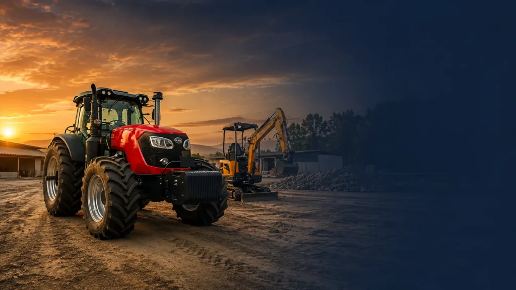 Tractor agrícola rojo y excavadora compacta en una obra al atardecer