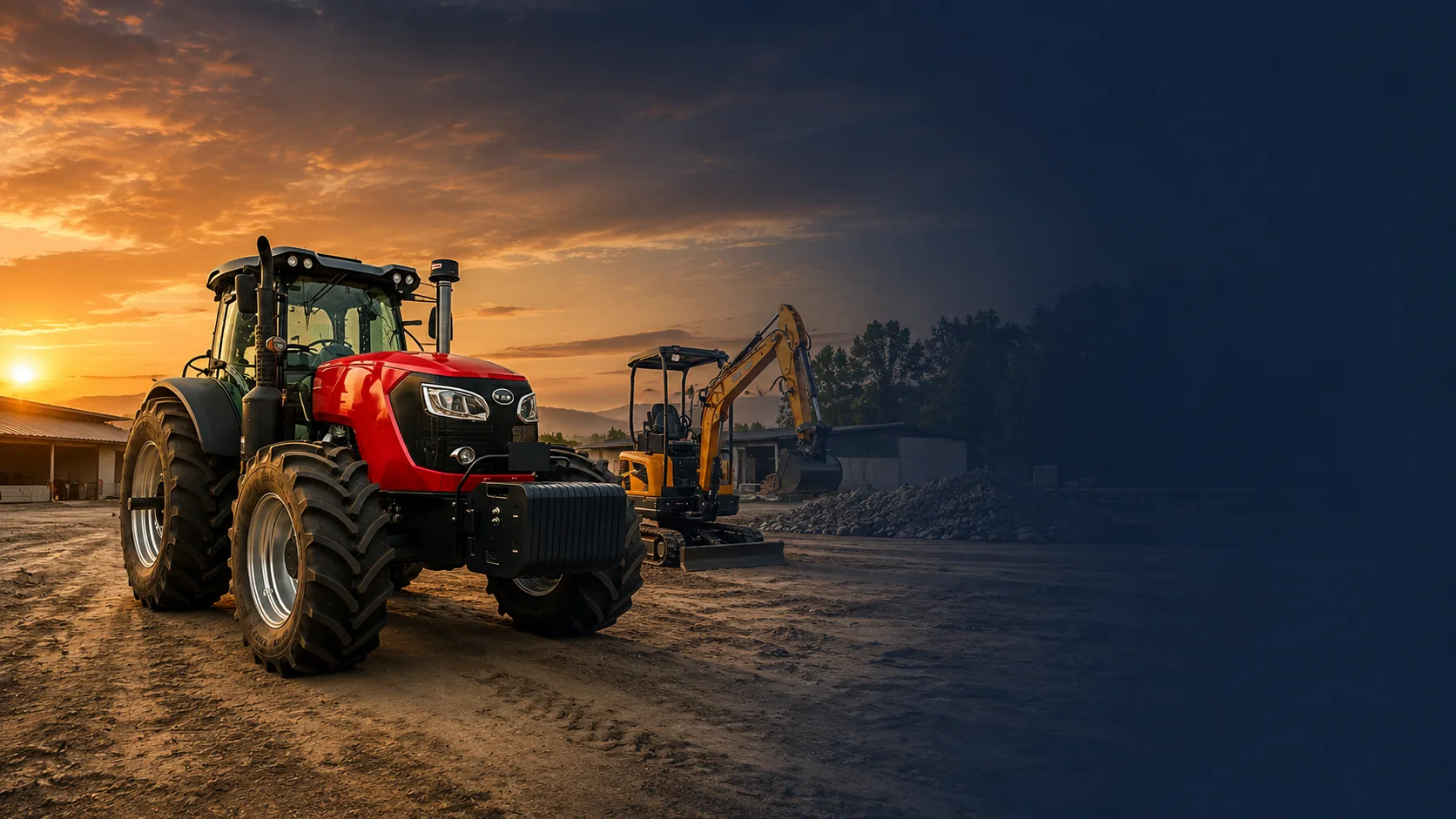Tractor agrícola rojo y excavadora compacta en una obra al atardecer