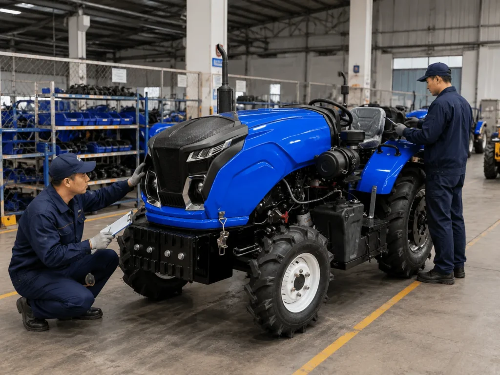 Inspección final de calidad de un tractor compacto azul en la fábrica de tractores de RongFeng