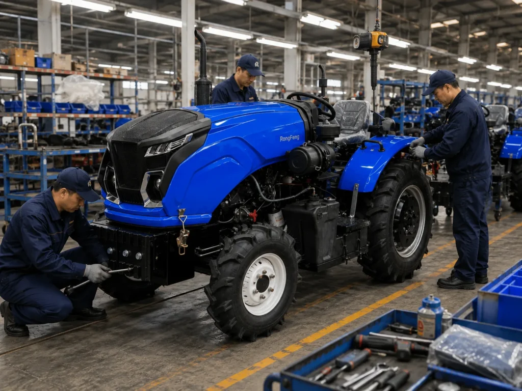 Técnicos de RongFeng montando un tractor compacto azul en la línea de producción de la fábrica