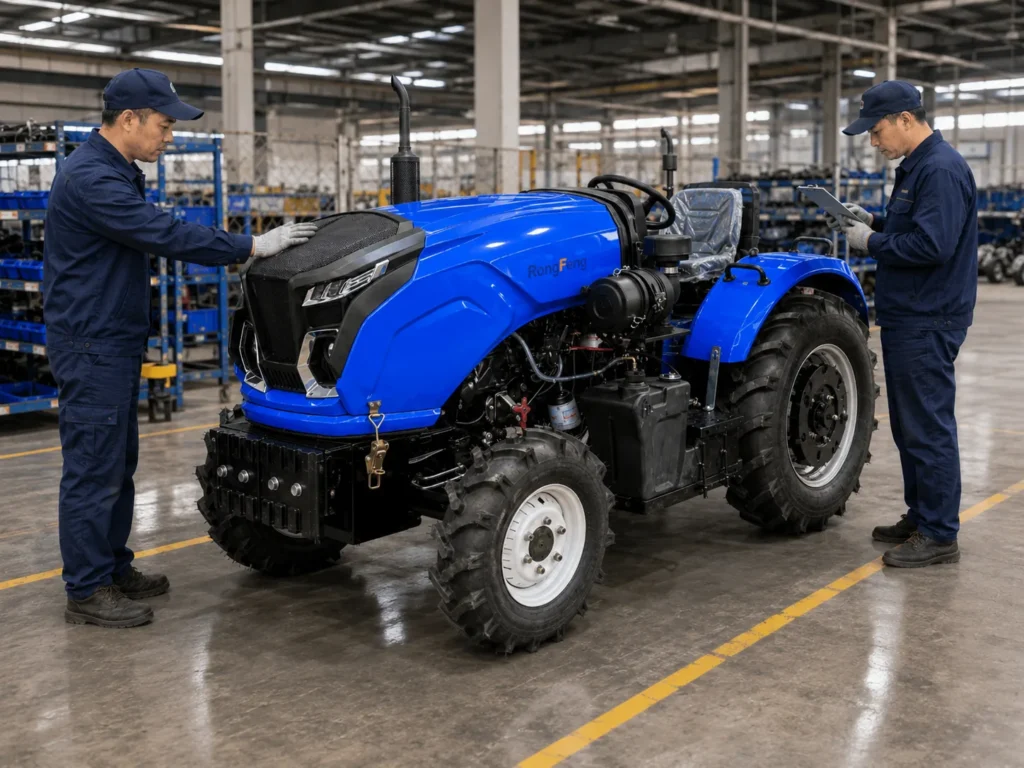 Técnicos que inspeccionan un tractor compacto azul de la marca RongFeng en la fábrica donde se fabrica.