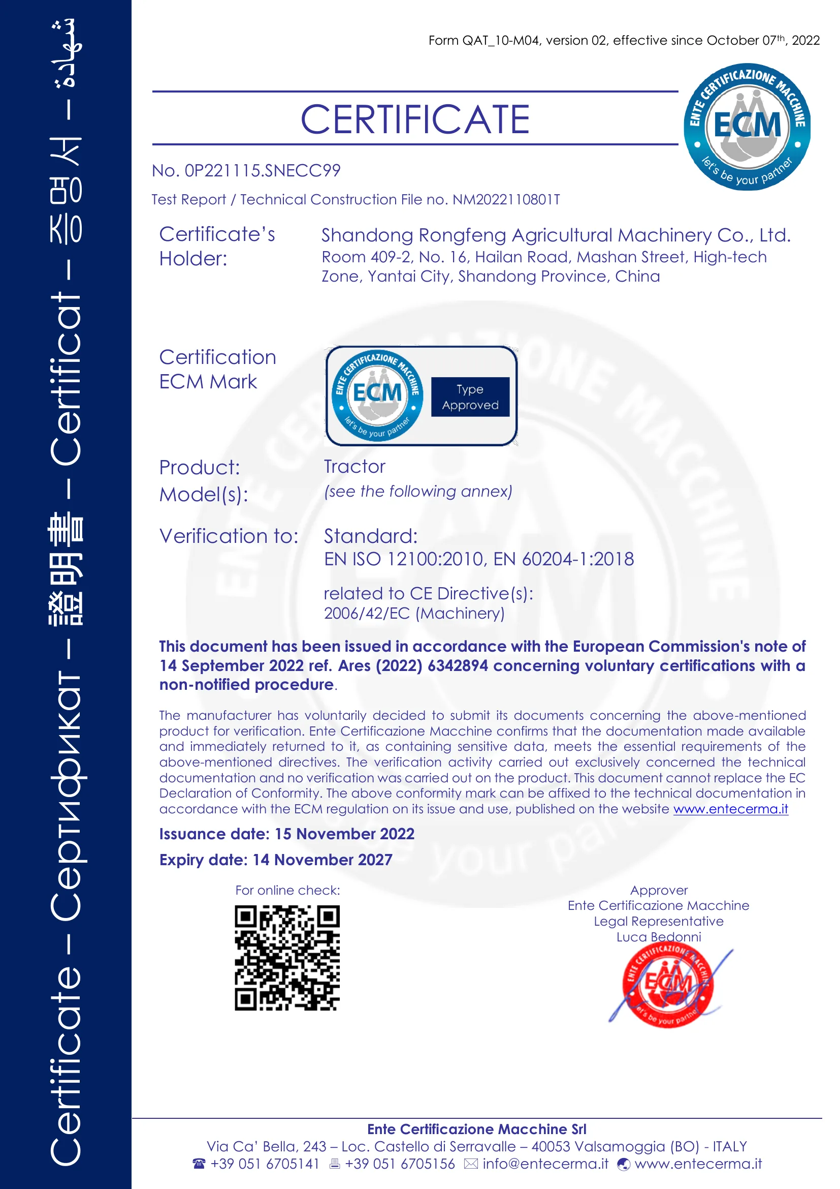Certificado CE de ECM de Shandong Rongfeng para tractores — Directiva de la UE sobre maquinaria 2006/42/CE