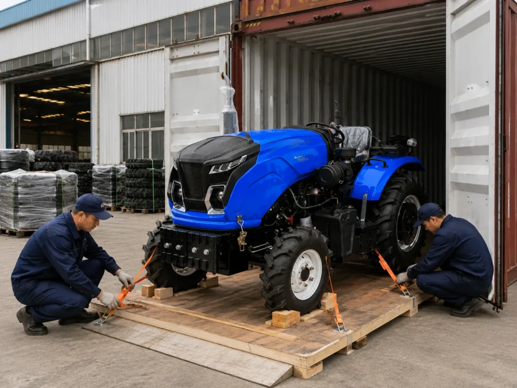 Trabajadores que sujetan un tractor compacto azul en un contenedor de transporte para su exportación