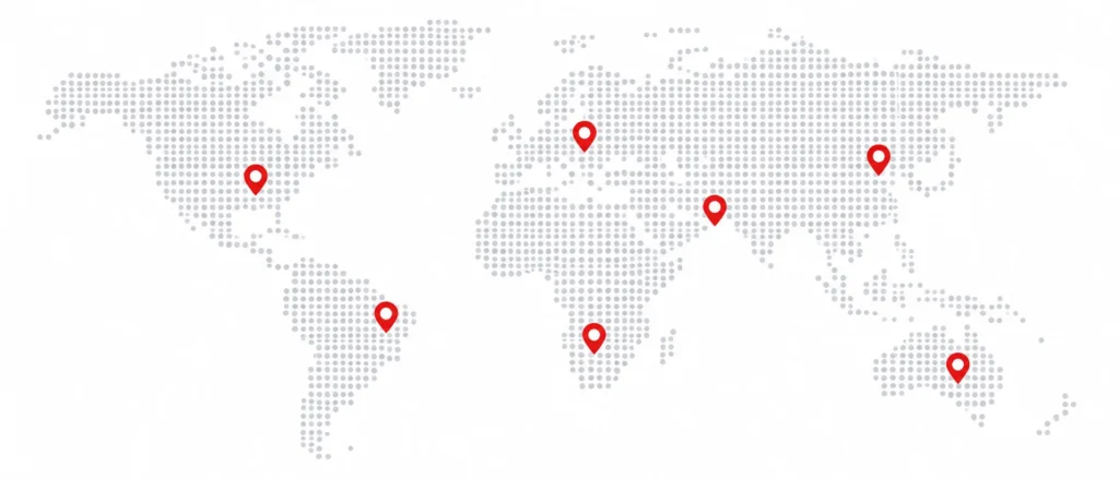 Mapa del mundo en el que se destacan las ventas globales de tractores y excavadoras, así como los puntos de servicio
