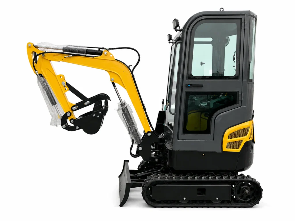Yellow RF-15 1.5 ton mini excavator with enclosed cab and dozer blade