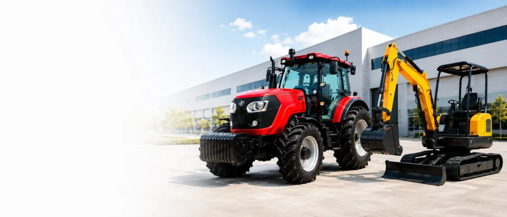 Red agricultural tractor and yellow mini excavator outside a modern equipment factory