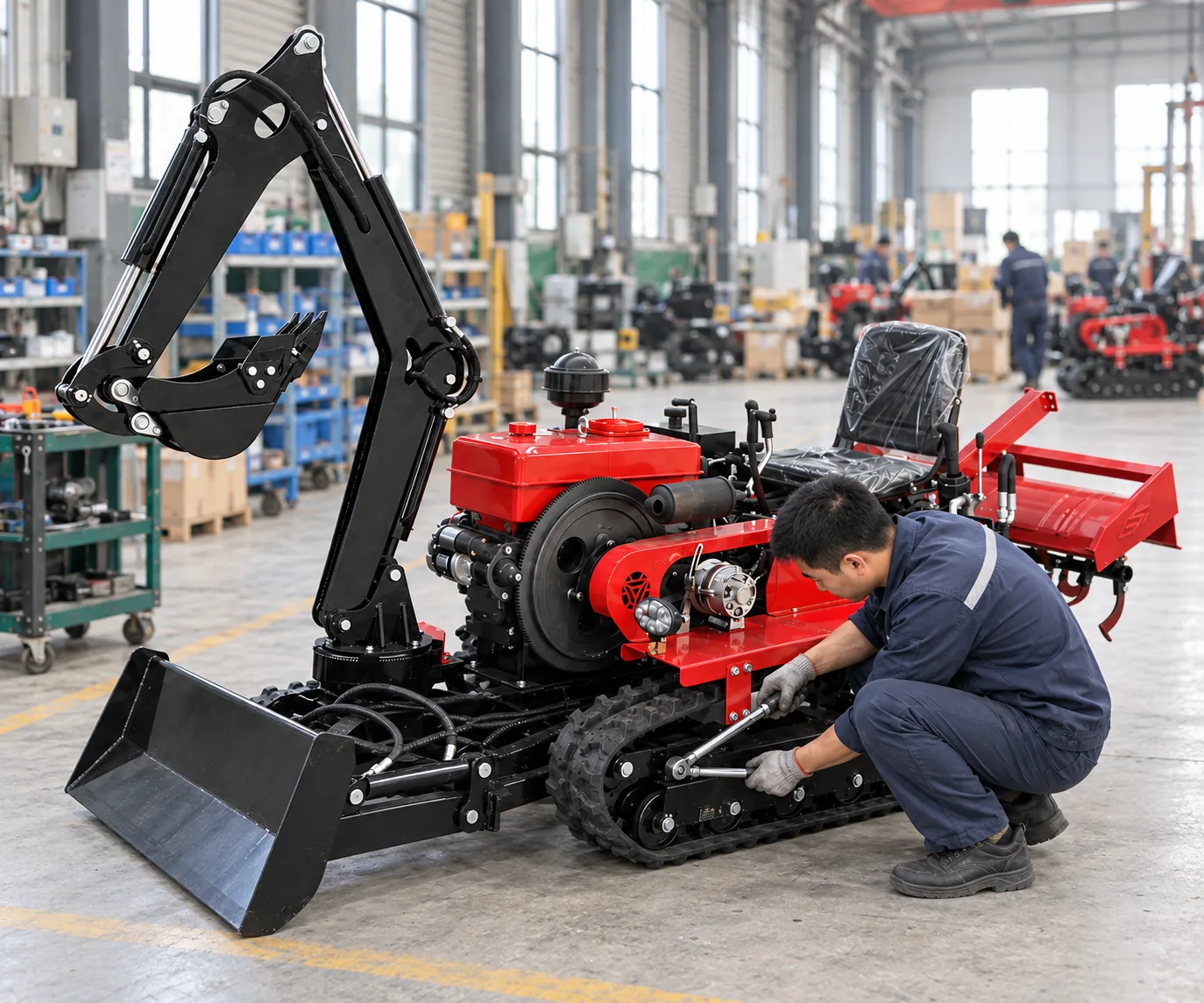 Técnico que inspecciona el conjunto de orugas de un tractor sobre orugas.