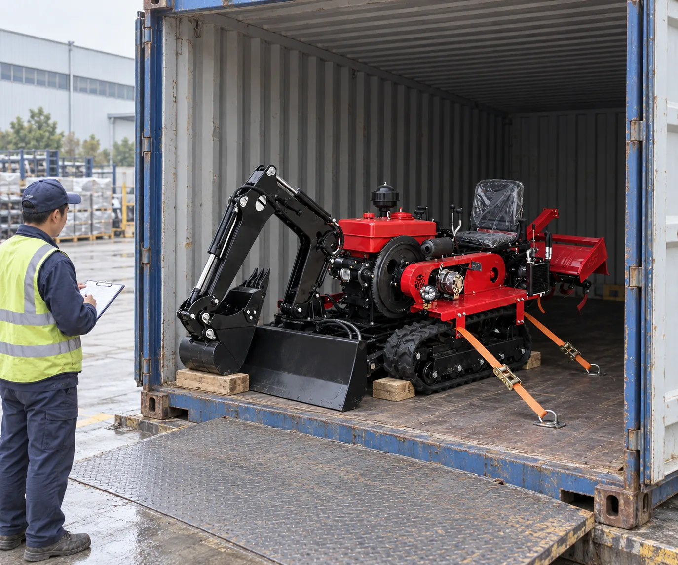 Tractor sobre orugas fijado en el interior de un contenedor de transporte para su exportación.