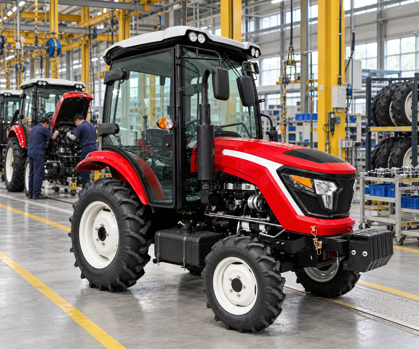 Tractores de cabina «Red 50 hp 504» con tracción a las cuatro ruedas en una cadena de montaje de fábrica
