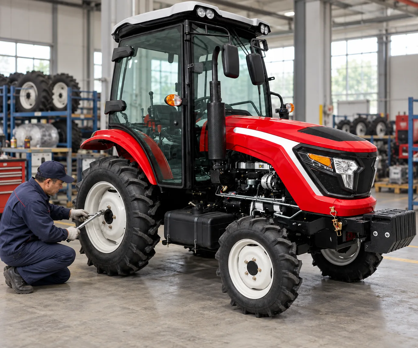 Técnico revisando una fijación de la rueda trasera de un tractor rojo modelo 504 con cabina y 50 hp