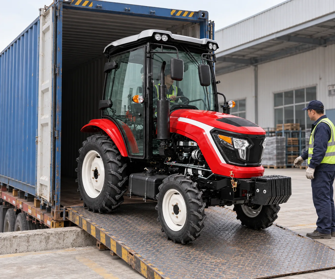 Un tractor rojo de 50 hp, modelo 504 con cabina, es guiado hacia un contenedor de transporte en el muelle de carga de una fábrica