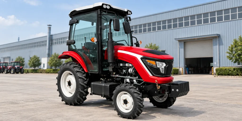 Tractor Red 504 de 50 hp con tracción a las cuatro ruedas y cabina, frente a una fábrica de maquinaria