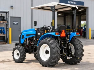 Blue 25 HP 254 4WD compact tractor rear three-quarter view showing three-point hitch