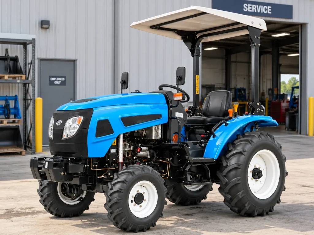 Blue 25 HP 254 4WD compact tractor with sun canopy at dealership service bay front three-quarter view