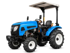 Blue 25 HP 254 4WD compact tractor with sun canopy front three-quarter studio view