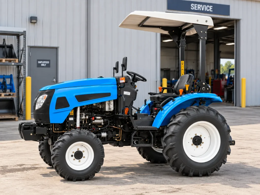 Blue 25 HP 254 4WD compact tractor with sun canopy left side view at dealership