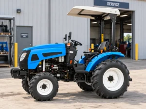Blue 25 HP 254 4WD compact tractor with sun canopy left side view at dealership