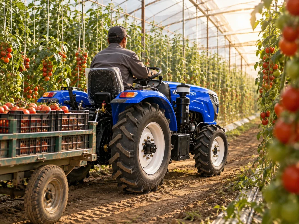 Blue greenhouse tractor pulling a trailer of tomato crates between tomato rows