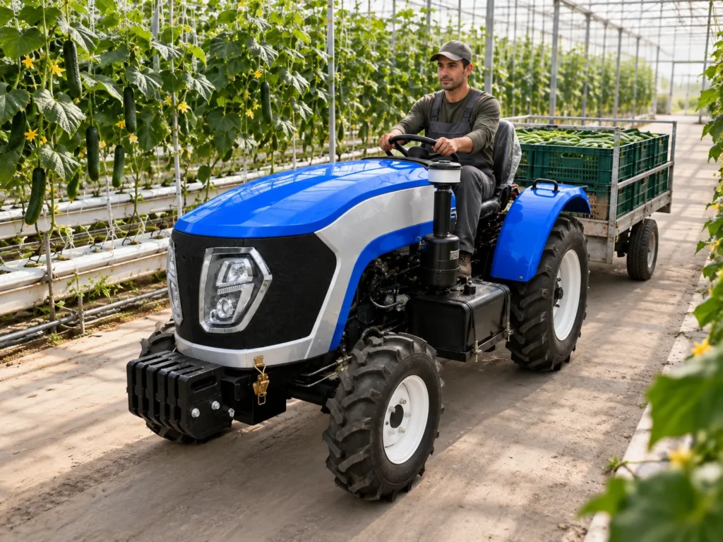 Blue greenhouse tractor pulling a trailer loaded with produce crates