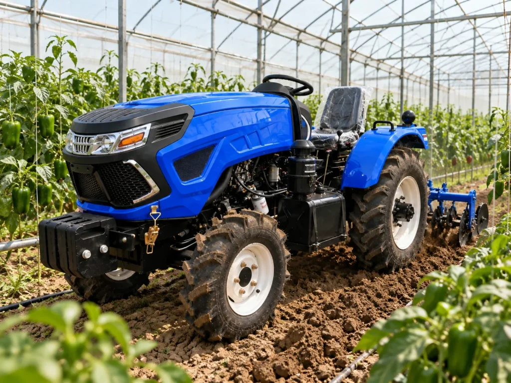 Blue greenhouse tractor tilling soil between trellised crop rows