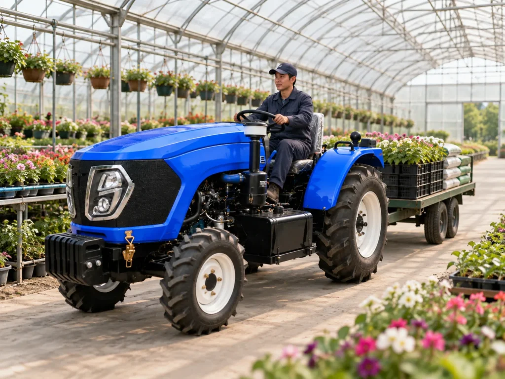 Blue greenhouse tractor pulling a trailer of potted flowers along an aisle