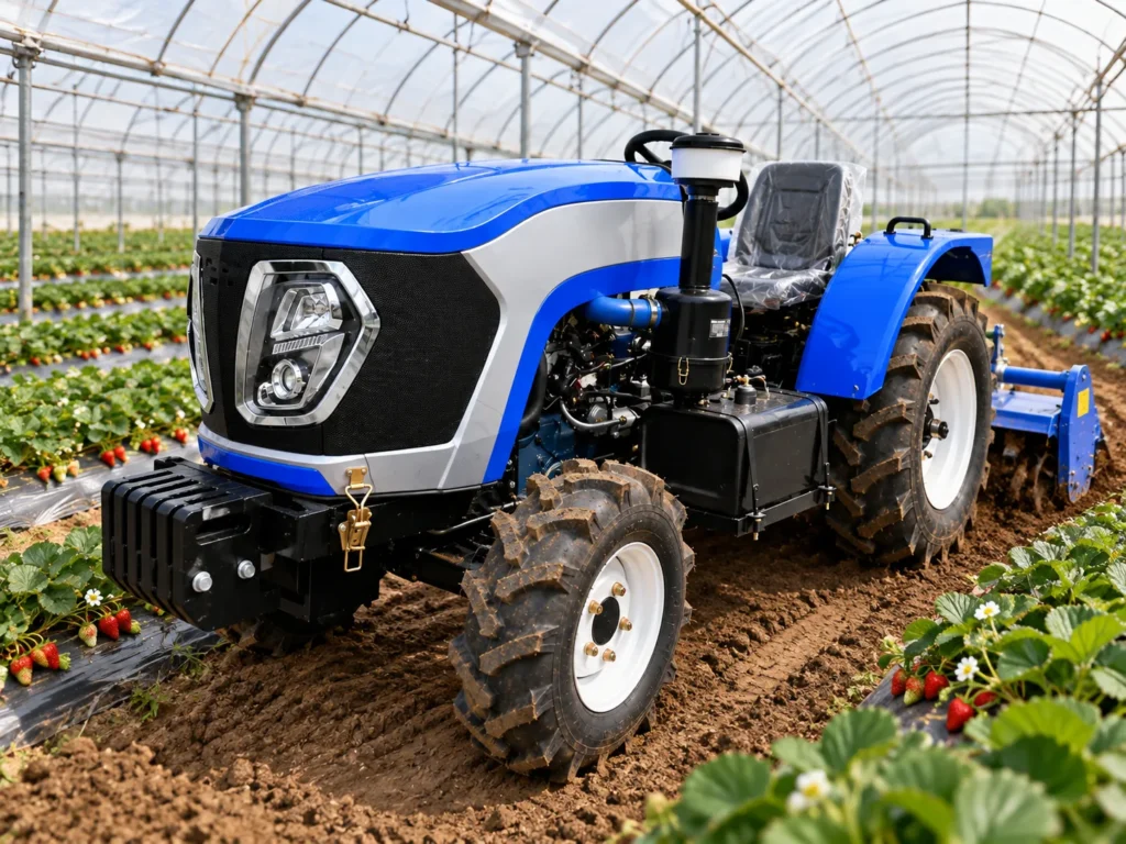 Blue greenhouse tractor with a rear rotary tiller between strawberry rows