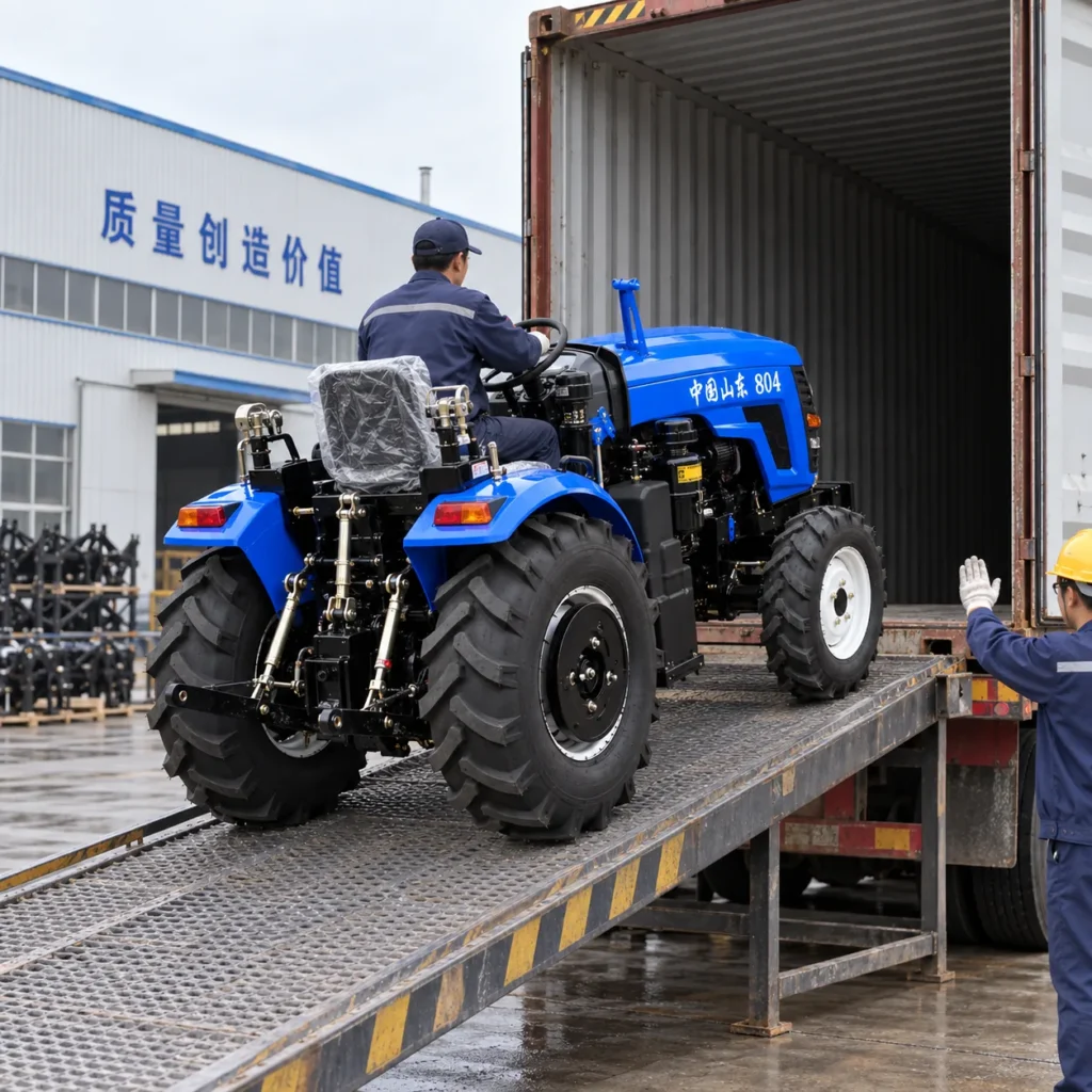 Un tractor rojo de 50 hp, modelo 504 con cabina, es guiado hacia un contenedor de transporte en el muelle de carga de una fábrica