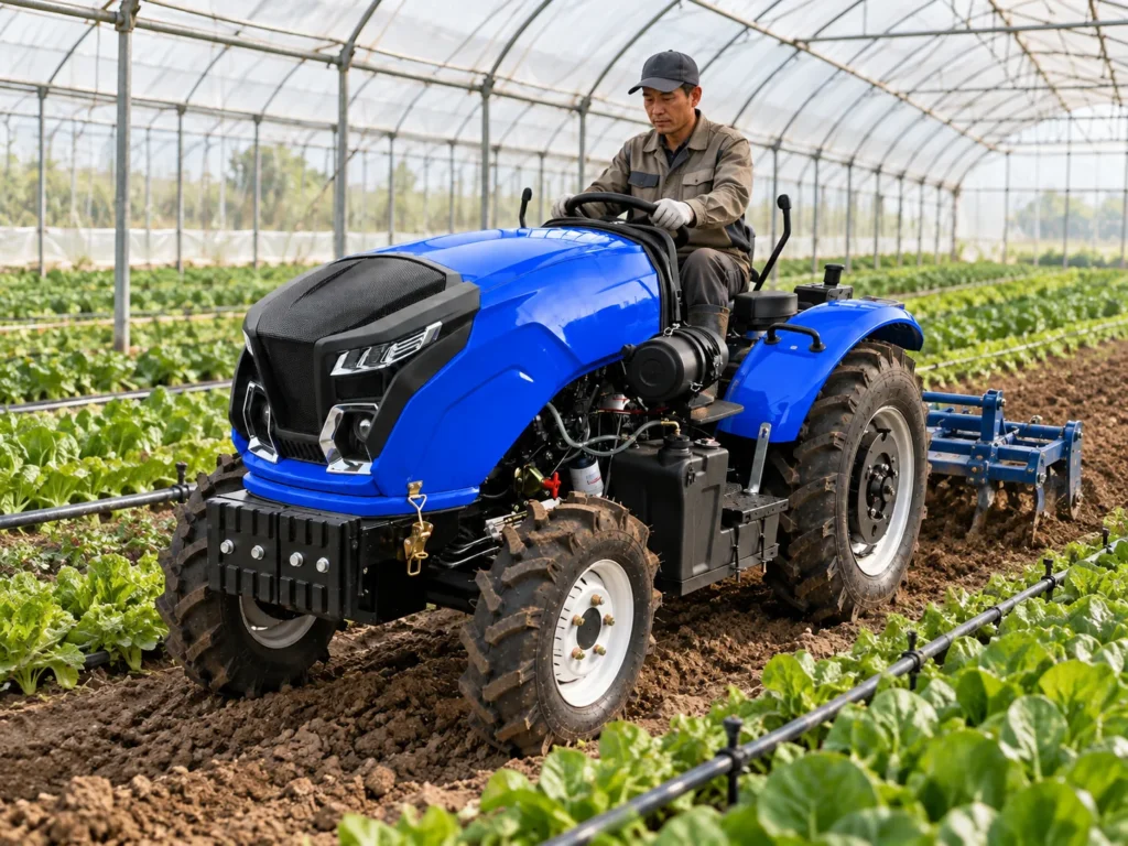 Farmer driving a blue greenhouse tractor with a rear tiller through vegetable beds