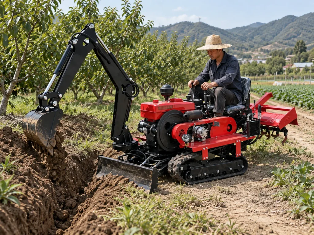 Farmer using a red crawler tractor digging attachment in an orchard