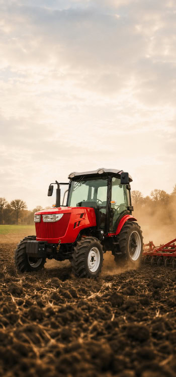 Red agricultural tractor working in a field.