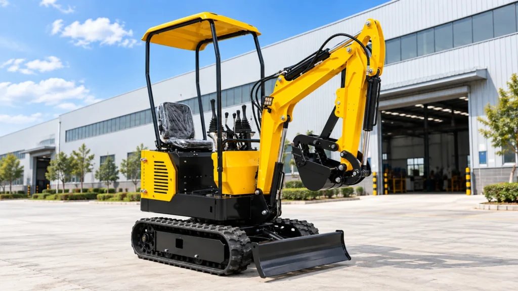 Yellow mini excavator with boom extended and dozer blade lowered in the factory yard
