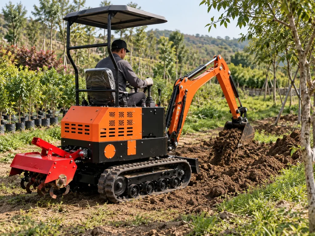Orange crawler tractor with a digging arm and rear tiller beside a nursery trench
