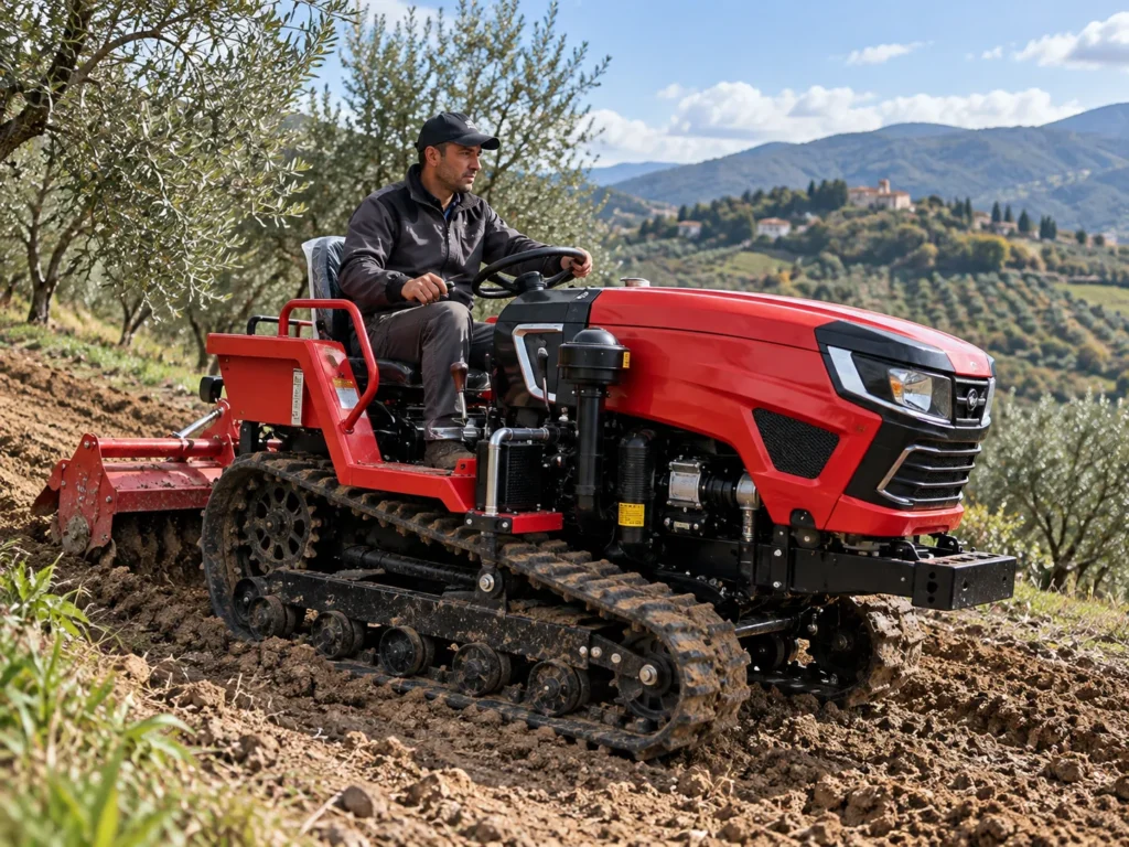 Red crawler tractor tilling soil between orchard trees