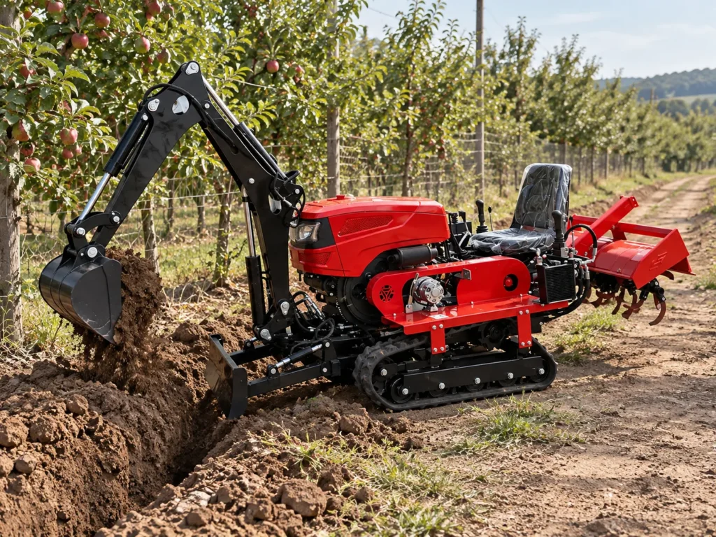 Red crawler tractor with a digging arm and rear rotary tiller beside an orchard trench
