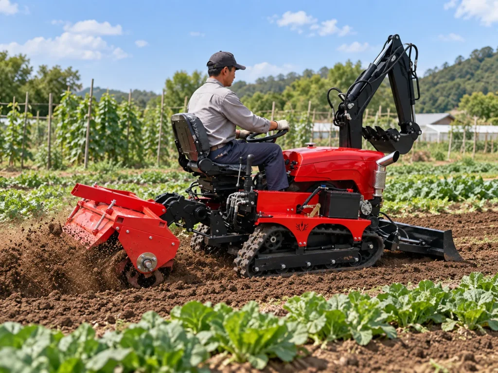 Red crawler tractor operating a rear tiller between crop rows with its digging arm raised