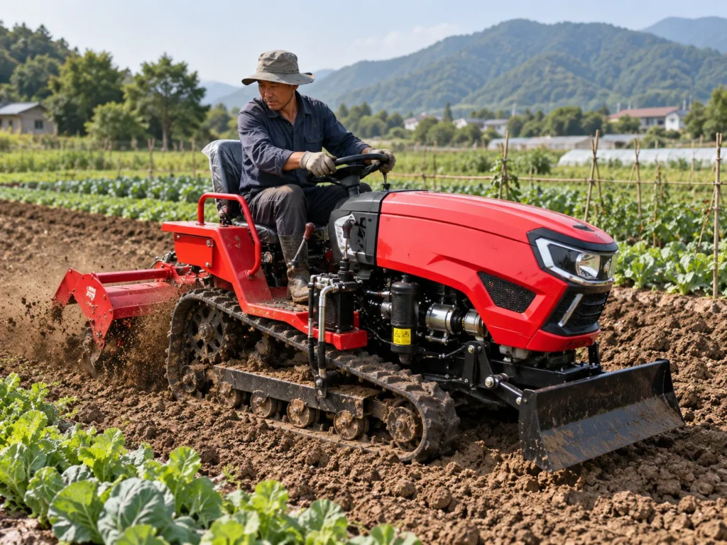 Red crawler tractor using a rotary tiller in a vegetable field