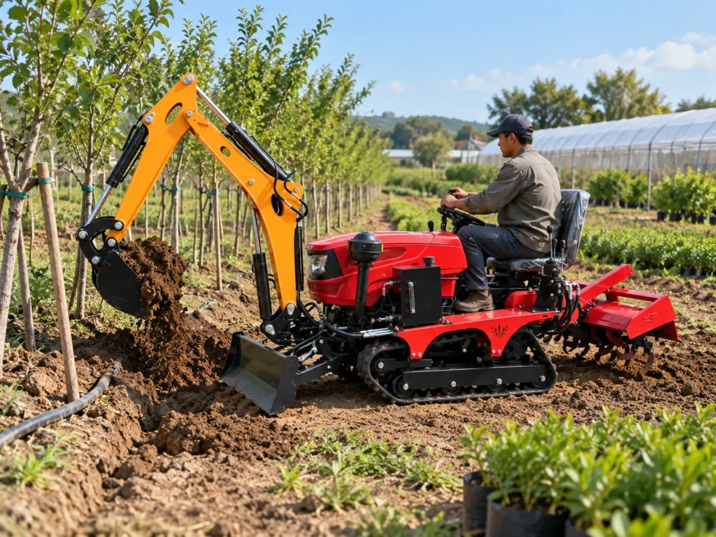 Red crawler tractor with a yellow digging arm working beside young trees