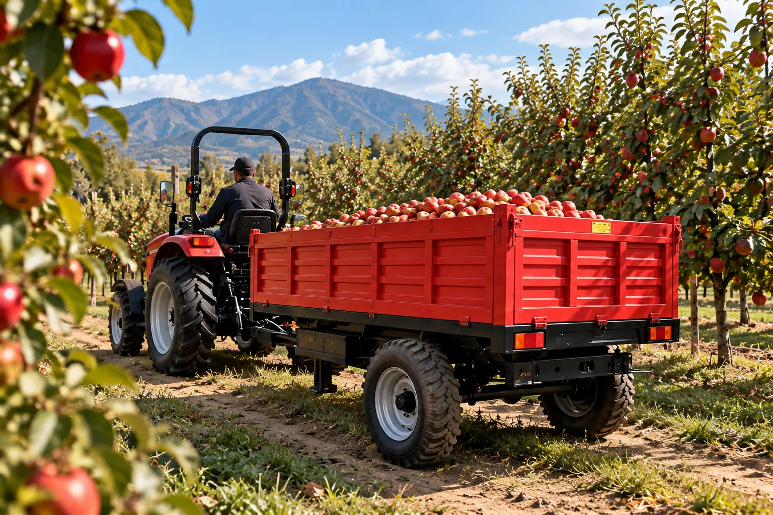 Red tractor towing an apple-filled trailer through an orchard