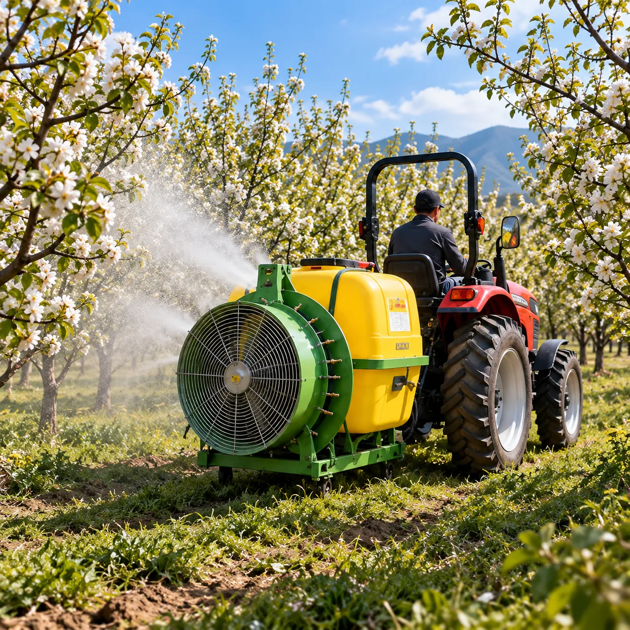 Red tractor towing an air-blast sprayer between blossoming orchard trees