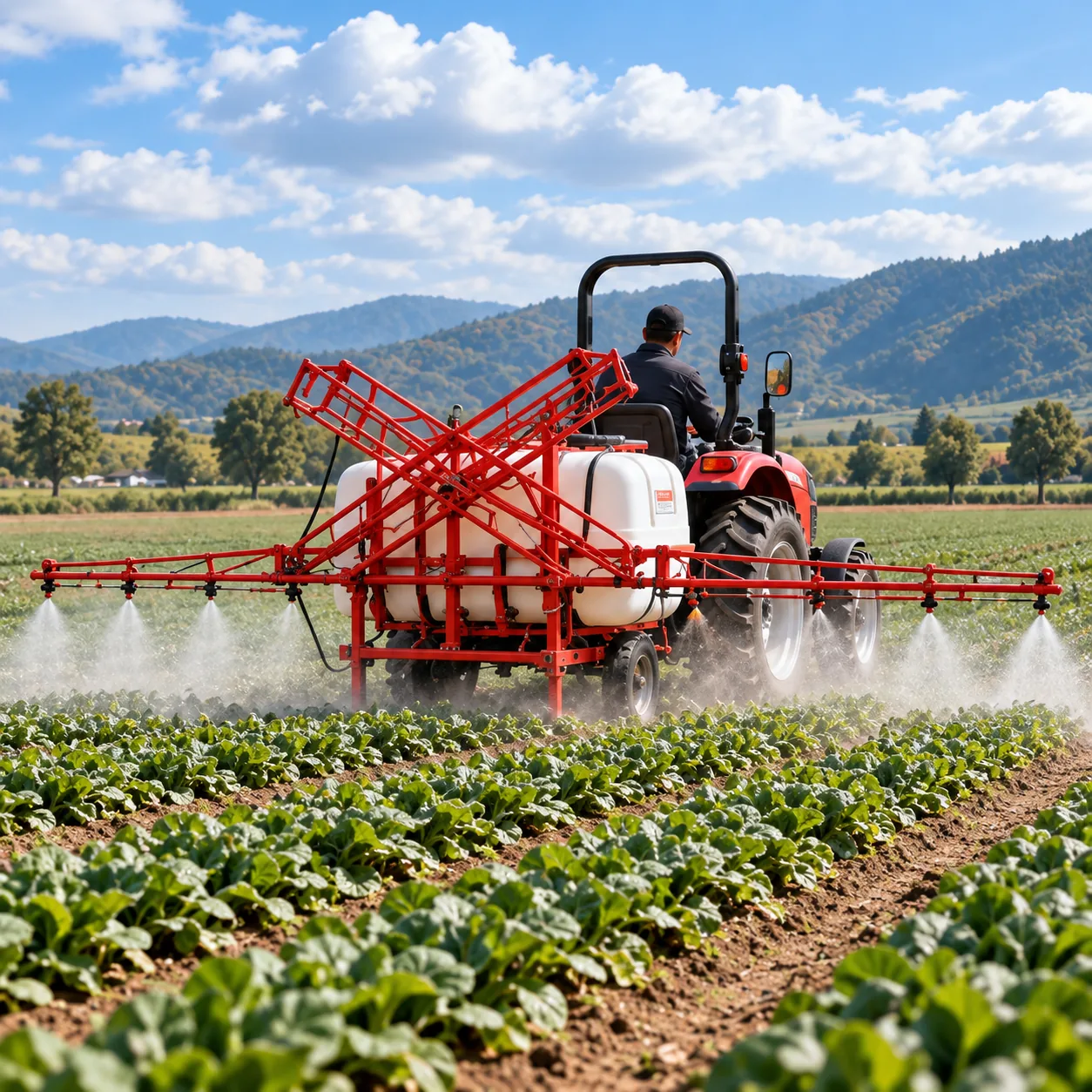 Red tractor using a boom sprayer over crop rows